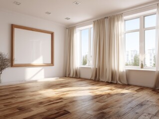 Obraz premium A large empty room with a white wall and wooden floors