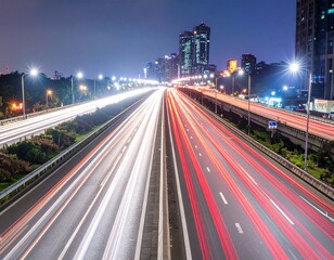 Fototapeta premium Highway at Night with Streaks of Car Lights – Futuristic Urban Motion Scene