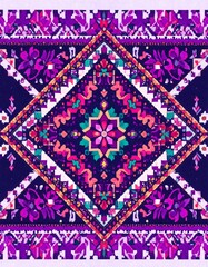 Vibrant, symmetrical textile design with intricate patterns