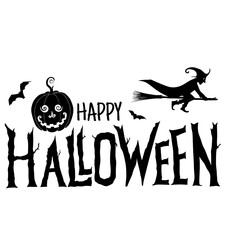 Happy Halloween graphic with witch on broom, pumpkin, bats, and spooky lettering.