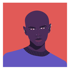 Vector portrait of a bald African man with multiple facial piercings: eyebrow piercings, nose ring, septum and ear piercings. Alternative fashion and body modification. Flat style illustration