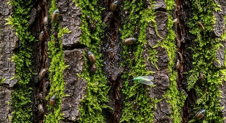Beetles, ants and fly climbing a tree bark in a forest landscape