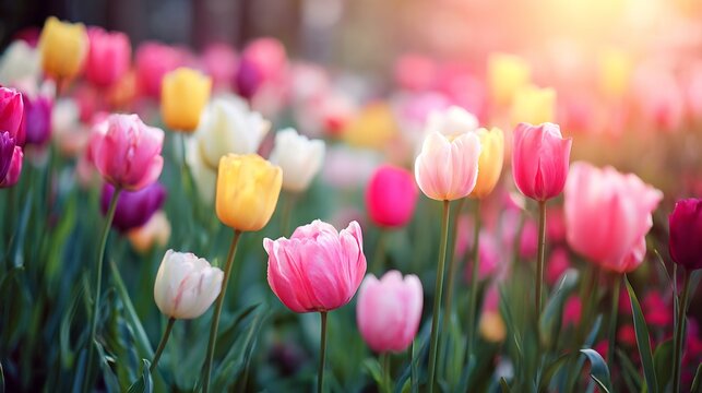 Spring tulip garden vibrant full bloom colorful field with soft sunlight