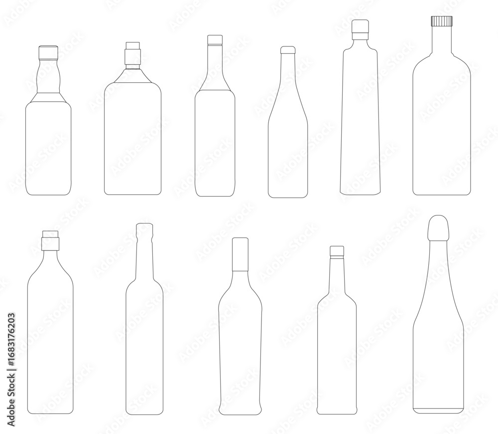 Aufkleber bottles pack in various shapes and sizes, outlined in black contour for a distinct graphic look. vec