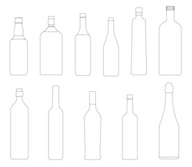 Bottles pack in various shapes and sizes, outlined in black contour for a distinct graphic look. Vector illustration