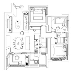 Two-bedroom apartment floor plan with detailed kitchen and living room layout, designed for space efficiency and comfortable living. Top view