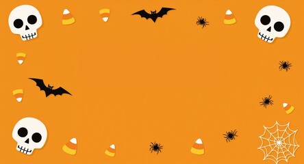 Naklejka premium Spooky Halloween Decorations Frame with Skulls, Bats, Spiders, and Candy Corn on Orange Background