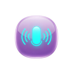 Purple glossy button with a glowing turquoise microphone and sound waves.