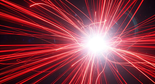 Dynamic red light trails emanating from a central bright source forming an abstract burst pattern