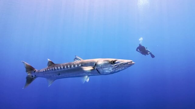 Giant barracuda fish Sphyraena barracuda swimming underwater in open blue water near surface with sunlight background