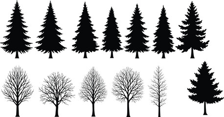 Naklejka premium Collection of Pine and Leafless Tree Silhouettes Vector Illustration for Nature, Forest, Winter, Seasonal, Landscape, Outdoor, Design Projects
