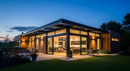 Obraz premium Stunning modern home with glass walls and outdoor dining area at twilight