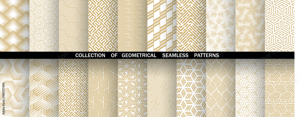 Poster geometric set of seamless golden and white patterns. simple vector graphics