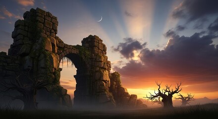 Ancient Stone Archway Under Crescent Moon and Dramatic Sunset Sk