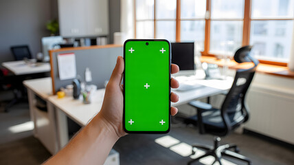 Modern office with person holding phone green screen for creative project development and virtual collaboration