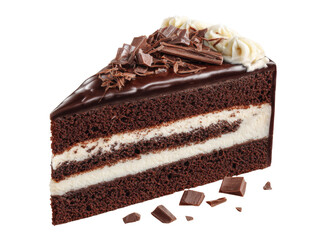A delectable slice of chocolate cake adorned with creamy frosting and chocolate shavings isolated