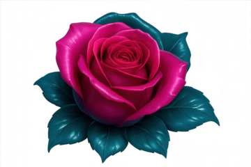 Pink rose with teal leaves isolated on transparent background, perfect for romantic or nature-themed projects