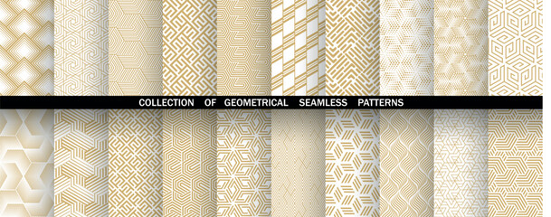 Geometric set of seamless golden and white patterns. Simple vector graphics