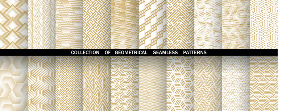 Geometric set of seamless golden and white patterns. Simple vector graphics