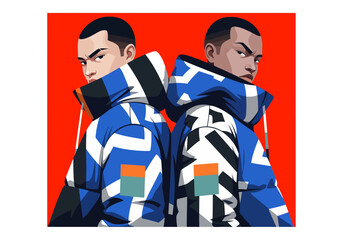 Fototapeta premium Two men wearing stylish jackets, with a red background