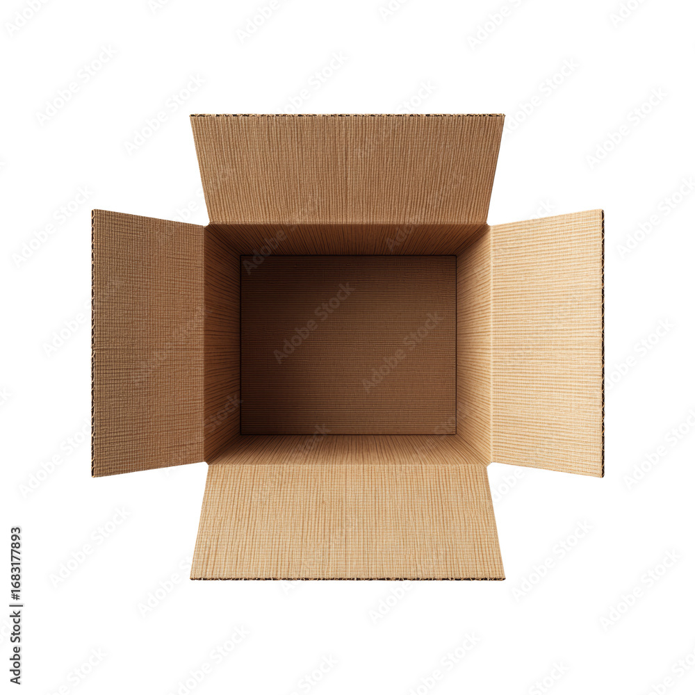 Poster open cardboard container casting faint shadows, emphasizing its rectangular geometry and material