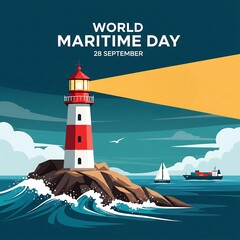 World maritime day lighthouse guiding ships at sea
