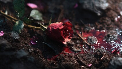 A wilted red rose lies in dark soil, bloodied