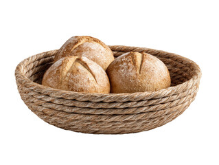 Artisanal bread rolls nestled in a rustic woven basket against a transparent canvas