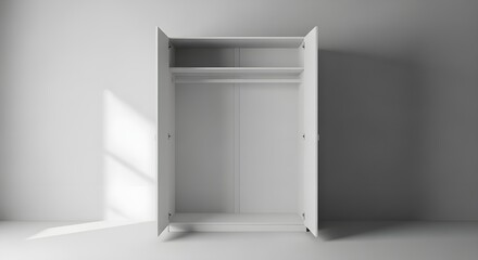 Fototapeta premium Minimalist white wardrobe with open doors, clean interior, and soft light creating a spacious feel