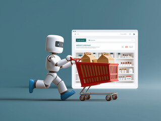 Robot delivering groceries with shopping cart online ordering ai concept