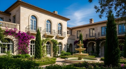 Fototapeta premium Elegant Tuscan villa with ornate fountain and vibrant bougainvillea blooms on a sunny day