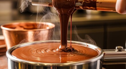Melted chocolate pouring from professional tempering machine in confectionery kitchen