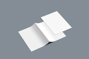 Bi-fold vertical landscape brochure or invitation sample isolated on bluish gray background