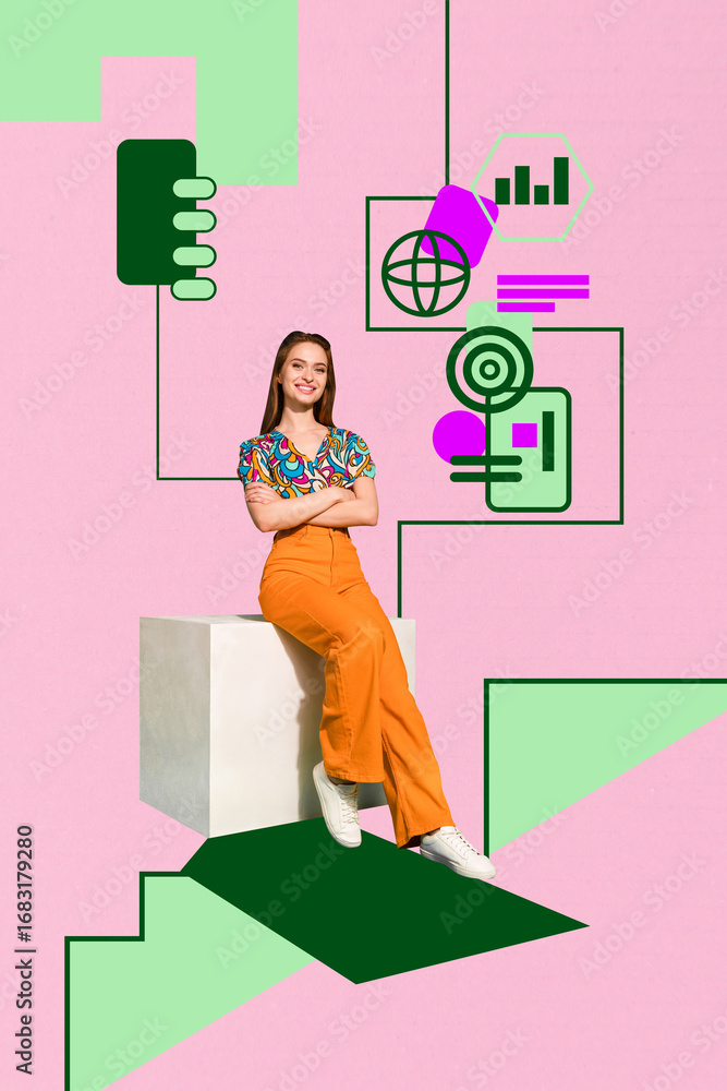 Poster vertical image sketch vertical collage of happy businesswoman stand interface button target algorith