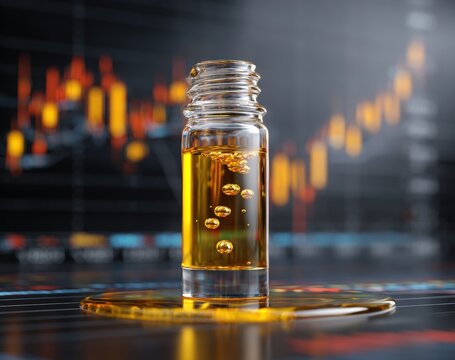 Amber liquid in a clear glass vial, financial market background
