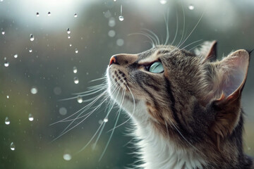 a cat gazing upward at falling raindrops, water droplets glistening on its fur, soft natural light creating a dreamy mood