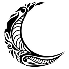 An intricate black silhouette of a crescent moon with ornamental, tribal-inspired patterns and swirls on a white background.