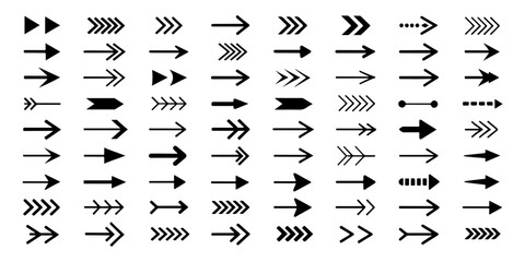 Arrow icon set, arrow cursor collection, different arrow signs, black arrows icons. Modern simple arrows. Black arrow pointing to the right. Black direction pointer. Vector illustration.