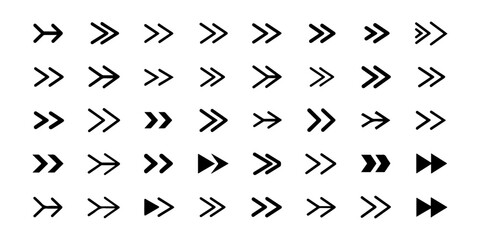 Arrow icon set, arrow cursor collection, different arrow signs, black arrows icons. Modern simple arrows. Black arrow pointing to the right. Black direction pointer. Vector illustration.