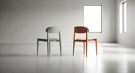 Minimalist interior featuring two wooden chairs in a bright and airy room showcasing modern