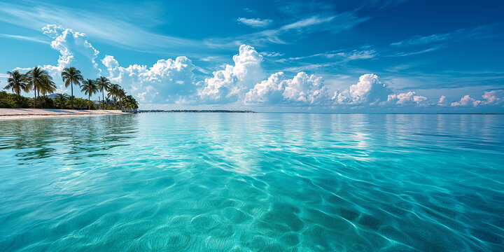 Tropical summer sky over Caribbean sea, vivid turquoise and deep blue tones, soft white clouds, thin horizon line of palm silhouettes, peaceful and vibrant atmosphere - Powered by Adobe