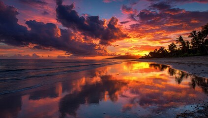 A vibrant sunset reflecting on a tranquil beach