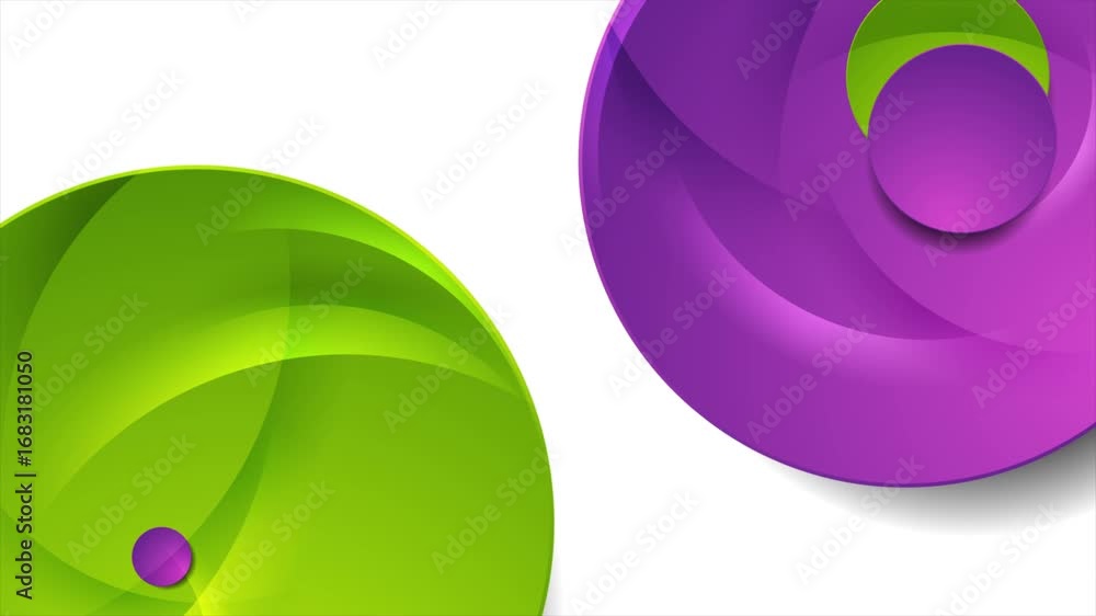 Poster bright glossy green and violet circles abstract minimal geometric background. seamless looping tech 