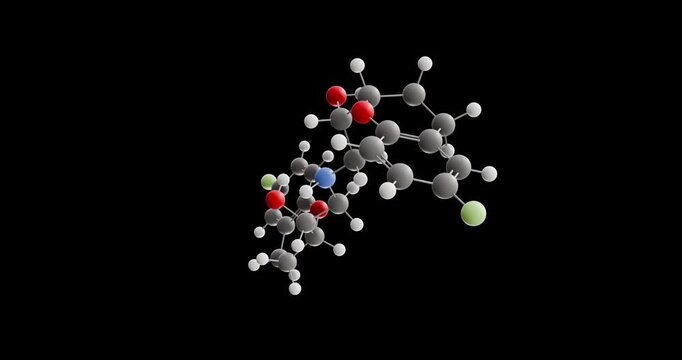 Nebivolol molecule, rotating 3D model of beta blocker, looped video on a black background
