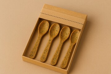 Box of edible spoons made from plant based materials on beige background ideal for sustainable product promotions and eco friendly branding