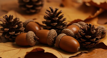 Rich autumn acorns and pinecones scattered on fallen leaves create a warm, rustic natural display