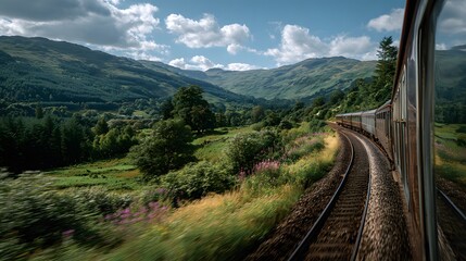 Fototapeta premium View from a passenger train window looks forward as the train curves through the lush, green rolling hills of the Scottish Highlands on a sunny day.