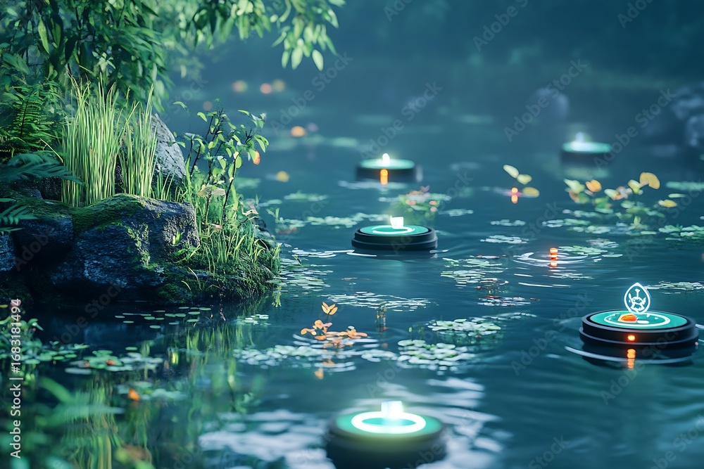 Poster a pristine lake filled with floating intelligent machines tracking environmental data