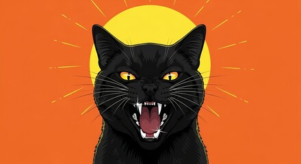 Obraz premium Angry black cat with a yellow sun background, showing its teeth ready to attack