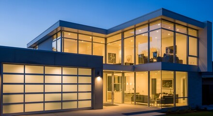 Fototapeta premium Stunning modern luxury home with expansive glass windows illuminated at twilight